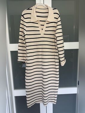 Cream and Black Striped Collared Knit Dress